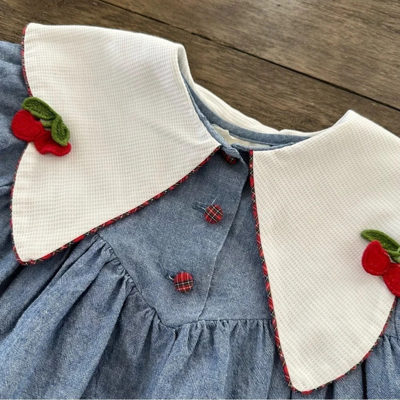 Vintage 1980s Bonnie Jean Girls size 5 Cherry Chambray School Dress Plaid Blue - Picture 2 of 6